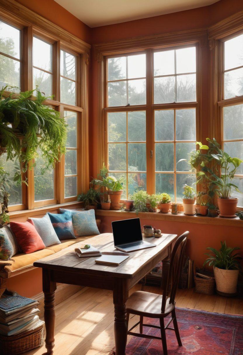 A cozy, inviting interior of a charming Victorian house, filled with colorful decor and lush plants that inspire creativity. A rustic wooden table with a laptop open to a blog interface, surrounded by notebooks and a steaming cup of tea. Sunlight streams through large windows, casting warm, vibrant light across the room. Personal touches like family photos and art supplies add depth and personality. super-realistic. vibrant colors. cozy atmosphere.