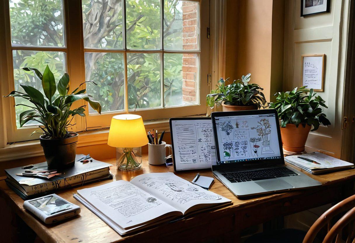 A cozy, inviting workspace featuring an open digital diary with colorful pages displaying sketches and handwritten notes. Surrounding the diary are art supplies like markers, a laptop, and a steaming cup of tea. Through a window, sunlight streams in, illuminating the vibrant decor of Spencer House, with plants and artwork in the background. The scene encourages creativity and warmth, perfect for crafting personal stories. painting. vibrant colors. warm lighting.
