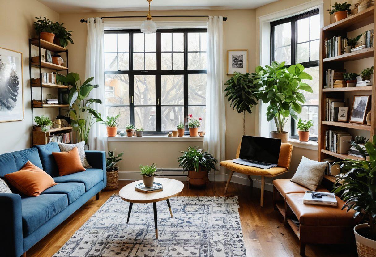 A cozy and inviting living room with blogger essentials like a laptop, coffee, and notebooks scattered around. The room is filled with plants, bookshelves, and a warm, welcoming atmosphere that speaks of community and creativity. A window showcasing a vibrant neighborhood outside, symbolizing connection and exploration. Soft, warm lighting enhances the cozy feel, inviting viewers into the blogging world. super-realistic. vibrant colors. warm tones.